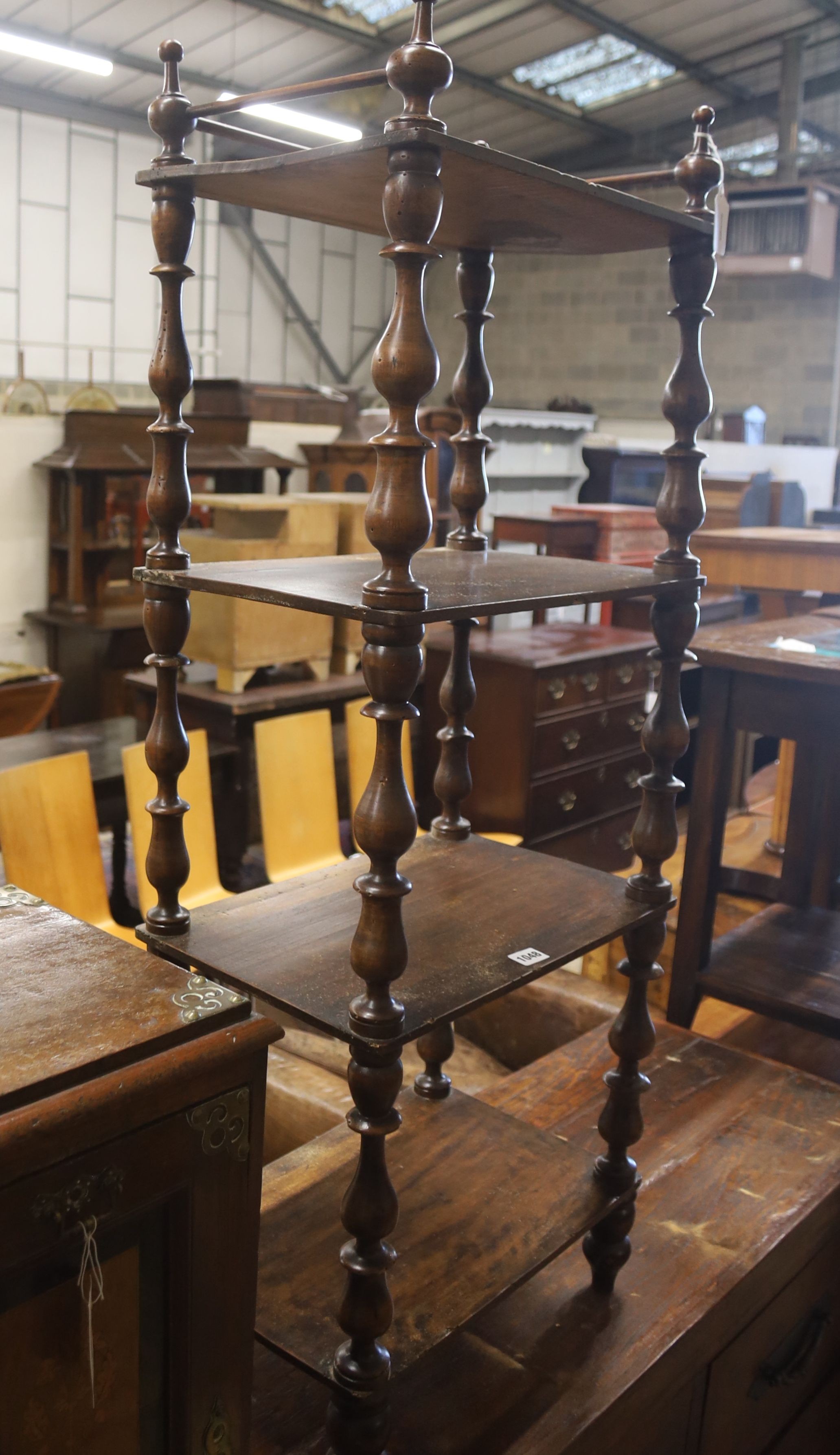 A Victorian mahogany walnut four-tier whatnot, (severely wormed) width 44cm, depth 30cm, height 118cm